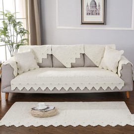 XSlive Cotton Embroidery Couch Sofa Cover Leaf and Floral Pattern Nonslip Quilted Furniture Protector Slipcover for Dogs, Children, Pets Sofa Slipcover Machine Washable (Cream,43"x94")