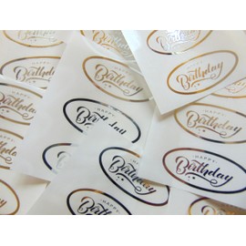 Pack of 24 Happy Birthday Stickers, Bright Shiny Silver on Clear Transparent - Labels for Cards, Craft and Decoration