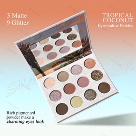 KYDA 12 Colors Tropical Coconuts Eyeshadow Palette, Summer Beach Neutral Brown Grey Pink Eyeshadow, Shimmer Pearl Glow Eye Shadow, Smooth Blendable Powder Eyes Shadow, Summer Eyes Makeup