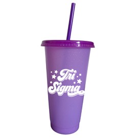 Sorority Shop Sigma Sigma Sigma Glitter Color Changing Cups, 4-Pack Reusable Cups with Lids and Straws