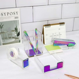 Clear Rainbow Acrylic Office Desk Stapler Scissors, Tape Dispenser, Sticky Notes Holder, Pen Holder Pencil Cup, 5 in 1 Office Supplies Set Desktop Organizer Decor for Women