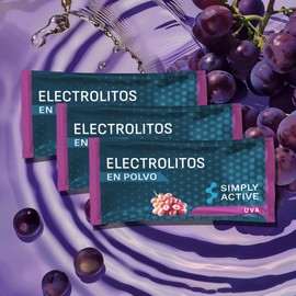 SIMPLY ACTIVE Electrolitos en Polvo | Sabor Uva - Pack de 30 | Ingredientes & Extractos Naturales bajo en Azúcar | Fibras de Prebioticos y Zinc | Suero Electrolitos con Calcio, Citrato de Magnesio y Potasio