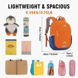 SKYSPER 10L Kids Backpack for Girls Boys, Toddler Hiking Backpack with Chest Strap, Comfortable Daypack for Travel and Preschool Kindergarten, Orang