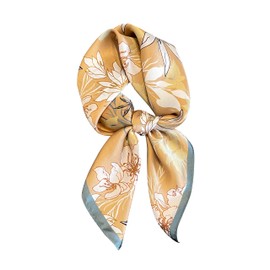 FEIBOON 100% Pure Mulberry Silk Scarfs 27"x27" Square Scarf Women Neckerchief Headscarf hair scarf bandana Gift Packed (Kaki flower)