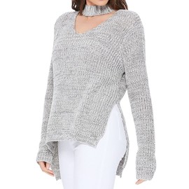 YEMAK Women's Knit Pullover Sweater – Long Sleeve V-Neck Choker Stlye Side Slit Soft Casual Cozy Lightweight Loose Knitted Top MK8143 Grey L