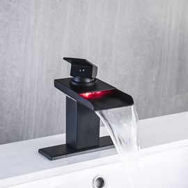 AVSIILE LED Bathroom Sink Faucet, Matte Black Waterfall Single Hole Handle Vanity Faucets for Sinks 1 Hole with Metal Pop Up Drain and 2 Water Supply Lines, Stainless Steel Spout