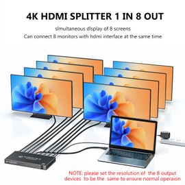 LinSeek HDMI Splitter 1 in 8 Out-4K HDMI Splitter 1X8 hdmi Splitter -8 Output hdmi Splitter- Powered hdmi Splitter w/AC Adapter, Support 4Kx2K@30Hz、3D, for Exhibition, Presentation,Gaming