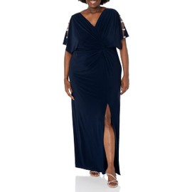 Alex Evenings womens Plus Size Long Knot With Embellished Short Sleeve Special Occasion Dress, Navy Embellishment, 18 Plus
