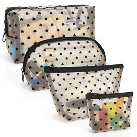 Colacoo 4 PCS Mesh Cosmetic Bag with Zipper, Clear Makeup Bag Set Mesh Zipper Pouch Bags Toiletry Bag for Women Travel Accessories (Multi-Size, Beige)