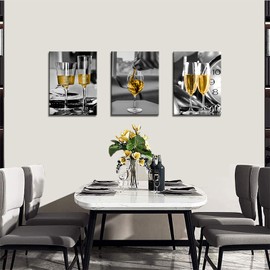 MYnaicee Kitchen Wall Art Dining Room Decor Kitchen Wall Decor Yellow Kitchen Decor Wine Decor for Kitchen Black and White Wall Art Framed Canvas Prints Artwork, 12inX16inX3(30cmX40cmX3)
