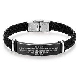 TOWAMOE To My Son Bracelet, Inspirational Braided Leather Stainless Steel Inspirational Bracelet Son Gifts from Mom Dad(Black)