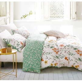 Lanqinglv Bed Linen Set, 155 x 220 cm, Green/White Leaves, Floral Pattern, Plants, Reversible, Colourful, Microfibre, Renforcé, Duvet Cover with Zip, Pillowcase, 80 x 80 cm