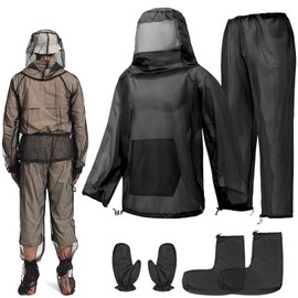 Mosquito Bug Suit for Men Women, 4 Pcs Full Body Mosquito Net Suit Including Mosquito Jacket with Hood, Pants, Gloves, Socks Breathable Mesh Mosquito Proof Clothing for Fishing, Hiking, Gardening