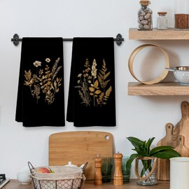 Vintage Black Dark Cottagecore Kitchen Towels and Dishcloths Sets of 2, Vintage Floral Botanical Decor Dish Hand Tea Towels for Farmhouse Bathroom Kitchen, Cottagecore Accessories, 16x24 Inch
