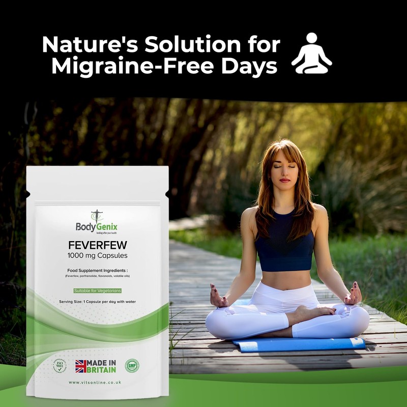 Bodygenix Feverfew 1000mg Capsules - Migraine Headaches Relief Joints Health