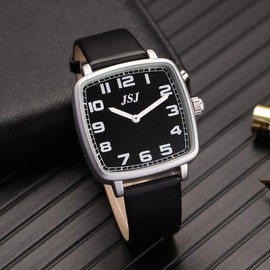 VISIONU TGSW-1711G Square German Speaking Watch with Alarm Function, Voice Function Time and Date, Black Dial, Black Leather Strap, Strap.
