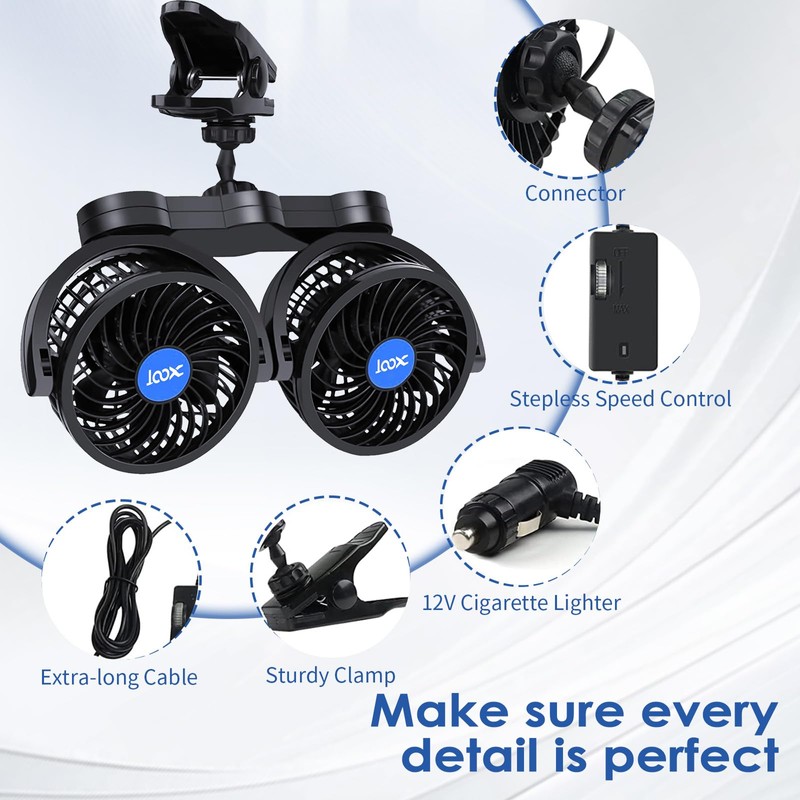 XOOL Clip Car Fan, Adjustable Dual Head 4 Inches 12V