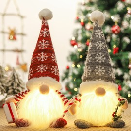 Light Up Gnome Christmas Decorations, Christmas Light Up Ornaments, Red and Grey Christmas Gonk Gnome Lights, Elf Christmas Ornaments for Indoor Decoration Xmas Holiday Party Decorations - 2 Packs