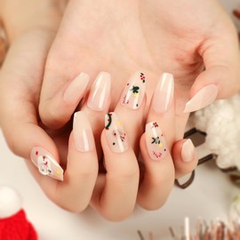 Christmas Press on Nails Coffin Medium Length, 24Pcs Nude Artificial Fake Nails with Snowman Designs, Glossy Full Cover Winter Acrylic Square False Nails Glue Stick on Fingernails for Women