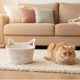 Cat-Shaped Cotton Rope Storage Basket for Pet Toy Organization – Cute Woven Organizer with Ears for Home Decor