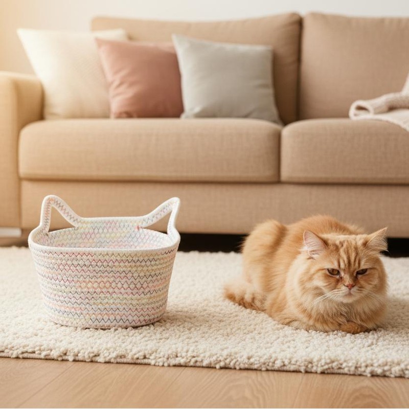 Cat-Shaped Cotton Rope Storage Basket for Pet Toy Organization –