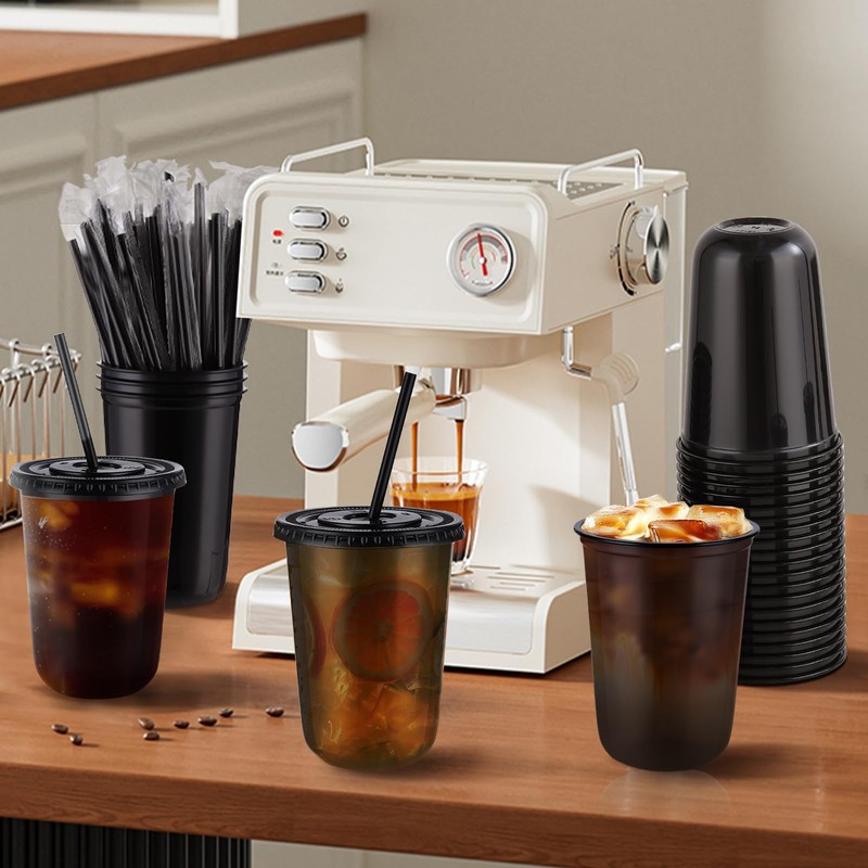 tchrules 100 Set 16oz Plastic Cups with Lids and Straws,