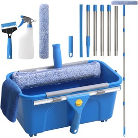Creatyi 11PCS Window Cleaning Kit Washing Tool, Bucket 3 Gallon, 76 inch Long Handle Window Squeegee and Microfiber Scrubber,Equipped with Replaceable Squeegee and Scrubber for Home Business Use