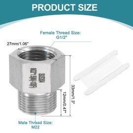 uxcell Pipe Fitting Reducing Adapter, M22 Male x G1/2" Female 304 Stainless Steel Reducer Connector for Water Oil Air Pressure Gauge, Silver