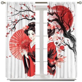 Yearn Jear Red Geisha Curtains Japanese Style with Cherry Blossoms Traditional Kimono Folk Culture Style,Rod Pocket Drapes for Living Room Bedroom Kitchen 42x45 Inch Decor
