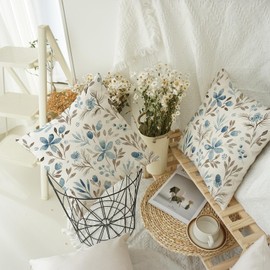 WCYYWGO Spring Throw Pillows Painted Blue Flowers Pillow Cover Sofa Cushion Cover 18x18 Set of 2 Linen Farmhouse Decor Home Decor Pillowcase Indoor Outdoor Sofa Chair Back Pillow Cover