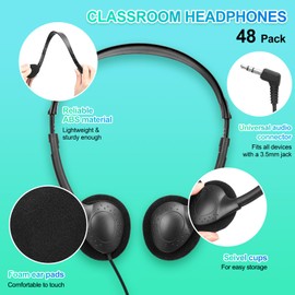 Frienda 48 Pack Classroom Headphones on Ear Wired Stereo Headset with 3.5mm Jack, over The Head Student Earphone Set for Kids Adults School Library Airplane Computer Laptop, No Microphone (Black)