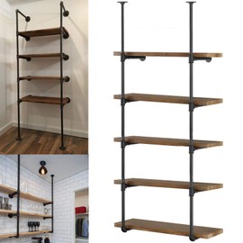 Yuanshikj 2Pc (70" Tall 12" deep 3/4") Industrial Wall Mount Iron Pipe Shelf Shelves Shelving Bracket Vintage Retro Black DIY Open Bookshelf Storage Home Kitchen (2 Pcs 5Tier Hardware only)