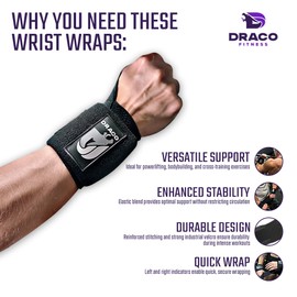 Draco Fitness Wrist Wraps with Thumb Loop for Weightlifting, Powerlifting, Strength Training, Bodybuilding, Crossfit - Enhanced Wrist Support, Adjustable, Durable, Comfortable, Ideal for Men & Women