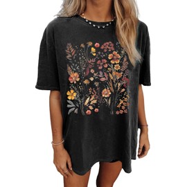 Oversized Tshirts for Women Vintage Boho Flowers Wildflowers Tee Cute Summer Graphic Shirts Casual Loose Beach Tops(Dark Gray9,M)