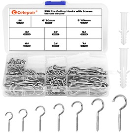 Celepoir 220 Piece Screw Hooks Set with 30 Dowels, 7 Sizes Hooks for Screwing Silver Ceiling Hooks with Thread, Metal Hooks for Screws, Hook Screws for Hanging Plants, Tea Cups, Keys