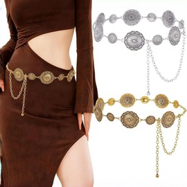 Cinturón de Mujer de 2 Piezas, Cinto Vaquero Mujer, Cinturon Vaqueros Mujeres, Cadena de Cintura de Metal Europea y Americana,Diseño Retro y Étnico, Cinturón Decorativo de Alta Calidad para Pantalones