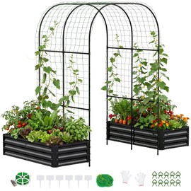 DoCred Galvanized Raised Garden Bed with 87" H Arch Trellis for Climbing Plants, Raised Outdoor Planter Garden Box with Climbing Netting for Gardening, Climbing Vegetables, Flower, Black