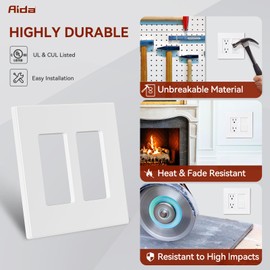 AIDA 2-Gang Decorative Wall Plates, 4.88" H x 4.94" L - Unbreakable Thermoplastic Faceplate Cover for Outlets and Switches, UL Listed - (1 Pack, Matte White)