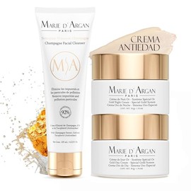 MARIE D'ARGAN Kit Crema Facial Oro 24K Día De 50 g, Crema De Noche De 50 g Y Limpiador Facial Champagne De 125 ml, Limpieza Profunda, Antiarrugas, Hid