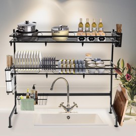 YIYIBYUS 2-Tier Over Sink Dish Drying Rack,Dish Drying Rack Over-The-Sink Space-Saving Retractable