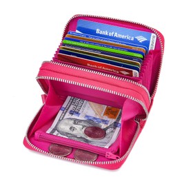KALMOR Wallets for Women Leather Double Zipper RFID Blocking Purse with Coin Pocket, Rose, 4. 25” x 3. 0” x 1.5”