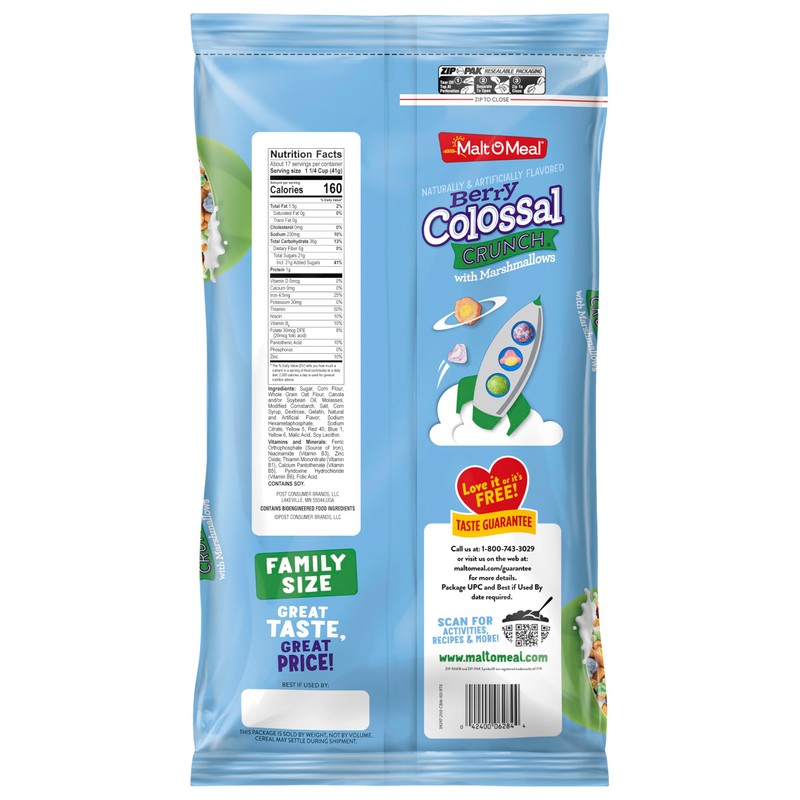 Malt-O-Meal Berry Colossal Crunch with Marshmallows Breakfast Cereal, Crunchy Corn