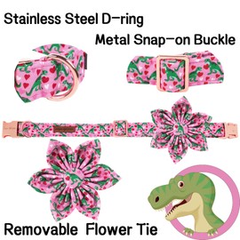 Unique style paws Dog Collar with Flower Tie Pink Dinosaur & Heart Puppy Collar Suitable for Small Medium Large Dogs with Adjustable Safety Metal Buckle for Valentine's Day-S