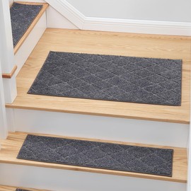 MBIGM 8" X 30" (15 in Pack) Non-Slip Carpet Stair Treads with Soft Plush Comfort & Carpet Stair Tread Mat 20" x 32" Landing Rug-Matching Mat - Dark Gray