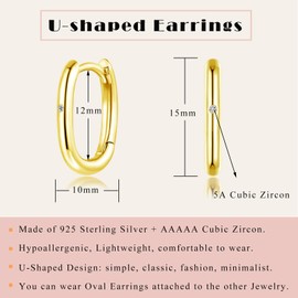 Loutade Silver Hoop Earrings for Women, Sterling Silver Oval Hoop Earrings, Hypoallergenic Geometric Hoop Earrings Gold, Minimalist CZ Small U - Shape Gold Sleeper Cartilage Huggie Hoop Earrings