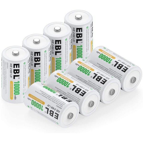 EBL Pack of 8 10000mAh Ni-MH D Cells Rechargeable Batteries, Battery Case Included