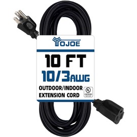YOJOE Indoor Outdoor Extension Cord, 3 Prong 15A Weatherproof Power Cord, 10 Gauge Heavy Duty 10 ft Black Extension Cord for Garage, Garden and Home, 10/3 SJTW UL Listed