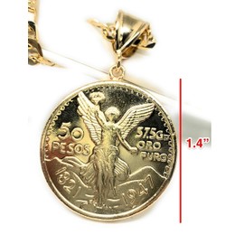 Gold Plated Mexican Coin Centenario Mexicano Moneda 50 Pesos Pendant Chain 26”