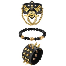 Aroncent 3Pcs Gothic Skull Spiked Chain Charm Leather Beads Bracelets for Men Birthday Gift,Black,Gold