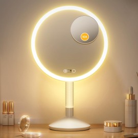 Gospire 10.8 Inch 2-in-1 Large Vanity Mirror with Lights & Bedside Table Lamp, Height Adjustable Lighted Makeup Mirror with Magnification 10X, 5000mAh Battery, 3-Color Desk Light Up Mirrors Bathroom